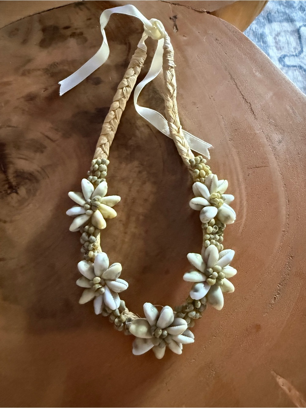 Handmade Cream Shell Flower Necklace with Ribbon Tie